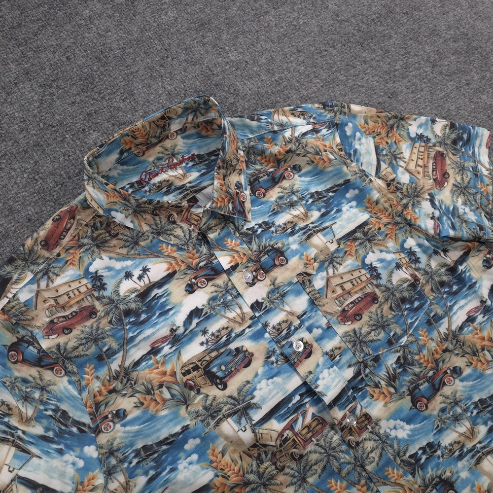 Robert‎ Graham Shirt Mens L Blue Getaway Camp Hawaiian Beach Car Print Casual